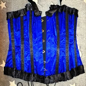 Royal Blue Black Genuine Steel Boned Corset Top Shirt Blouse